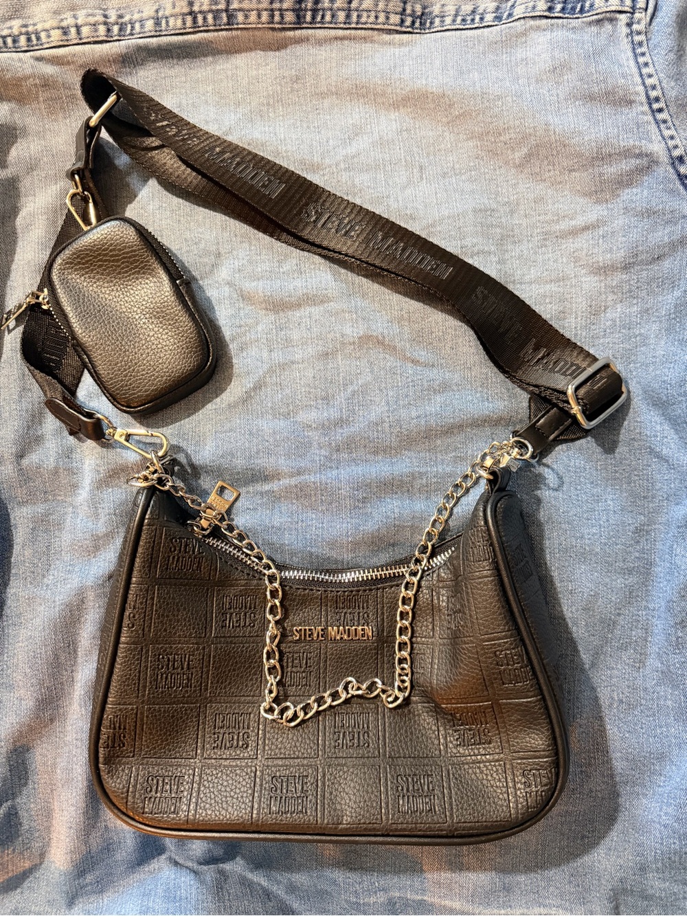Steve Madden Black Quilted Logo Shoulder Bag with Chain Accent